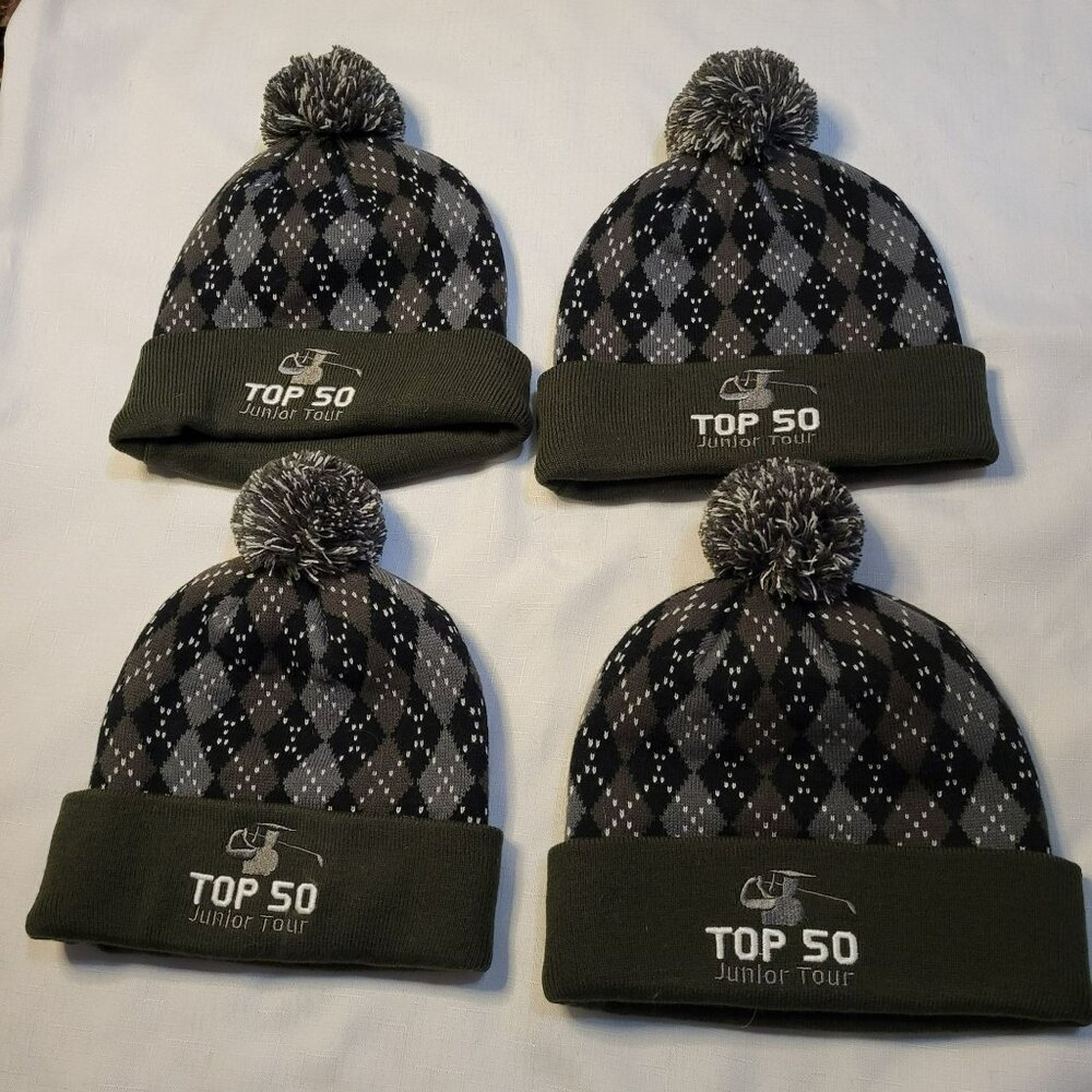 TOP 50 Junior Tour Argyle Knit Beanie Hats Black & Gray Set Of 4